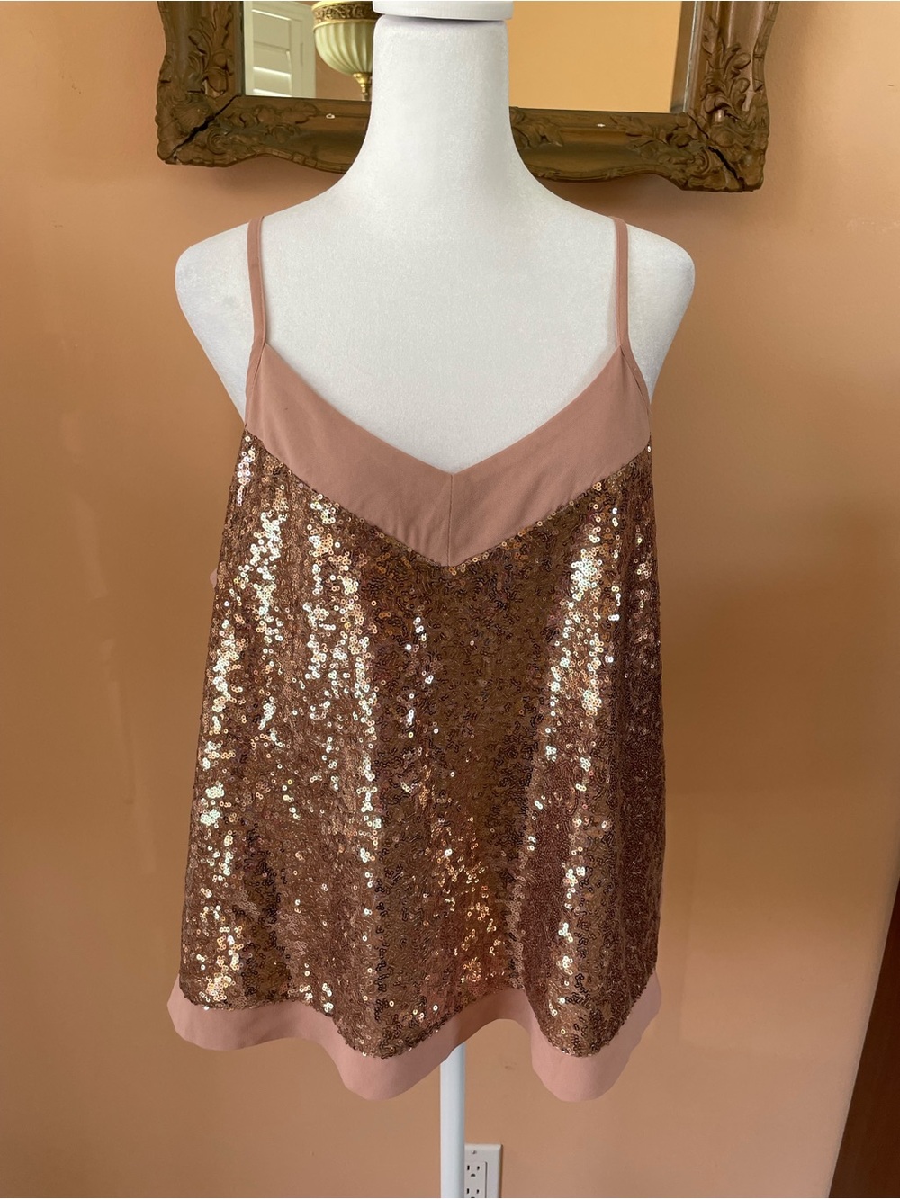 Eyeshadow Poly Glittery Gold Sequin Cami with Blush Trim Adjustable Straps Lg